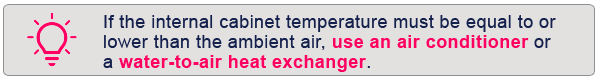 If the internal cabinet temperature must be equal to or lower than the ambient air, use an enclosure air conditioner or water-to-air heat exchanger.