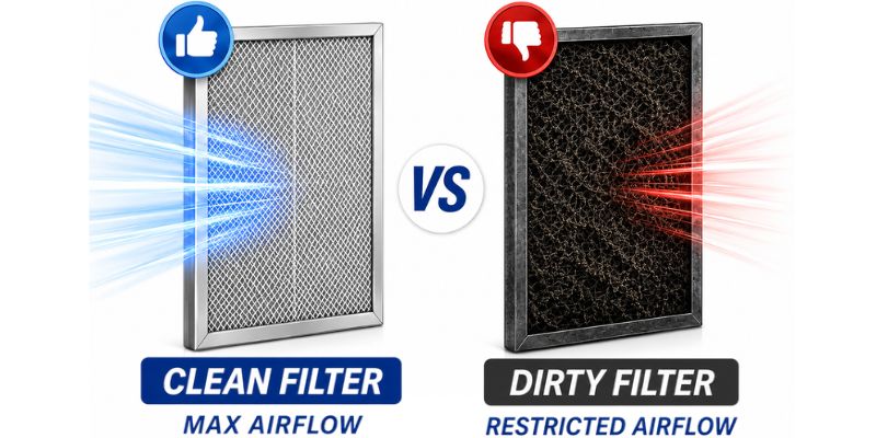 A comparison of a clean enclosure cooling filter vs. a dirty one.