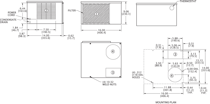 Horiz Super-Mini 50/60Hz Air Conditioner general arrangement drawing